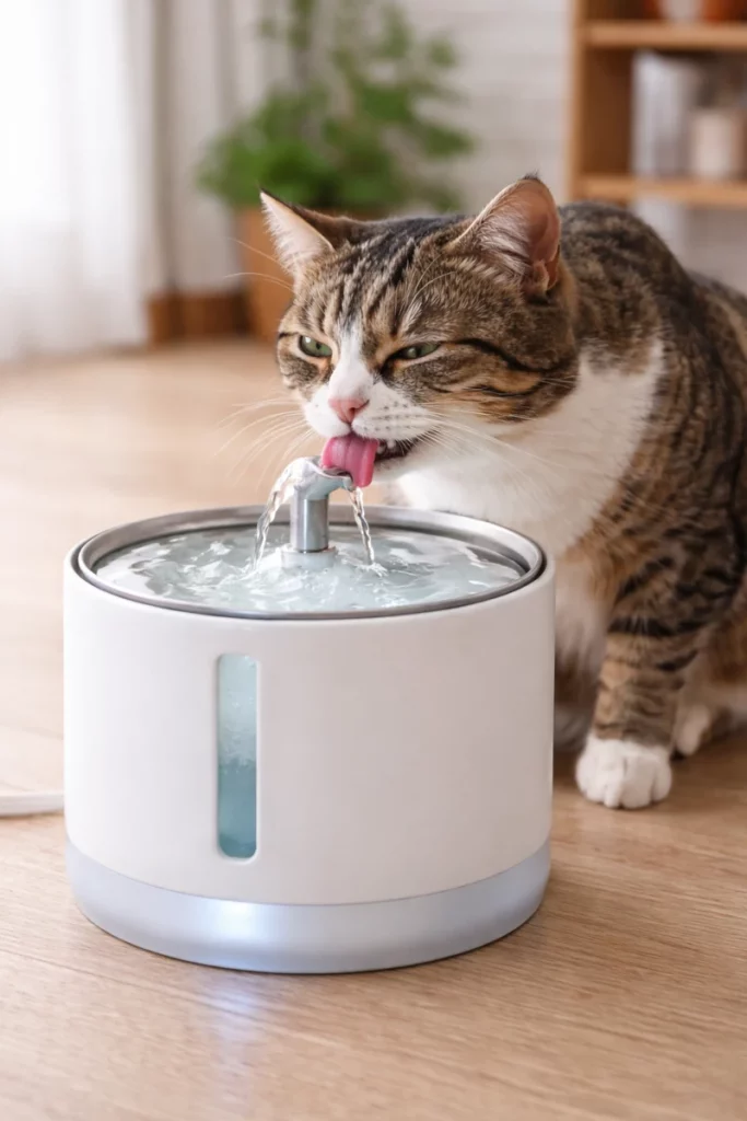 cat drinking from automatic water fountain