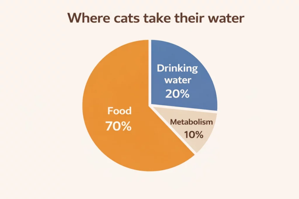 where cats get their water - pie chart showing 70% food 20% drinking 10% metabolism