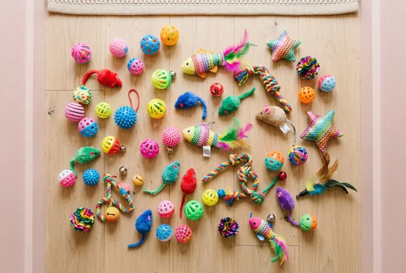 Assortment of colorful hard cat toys including plastic balls and rubber mice arranged on a light wood floor