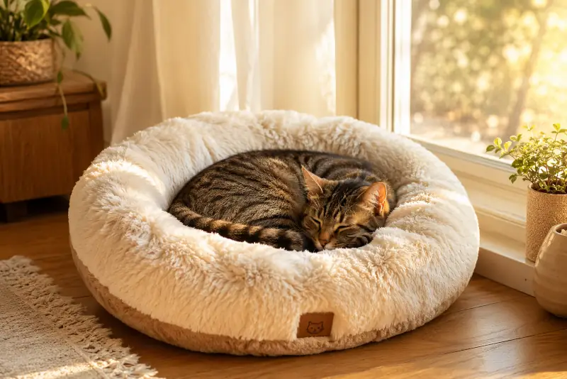 Tabby cat sleeping curled up in a fluffy round cream cat bed near a sunny window