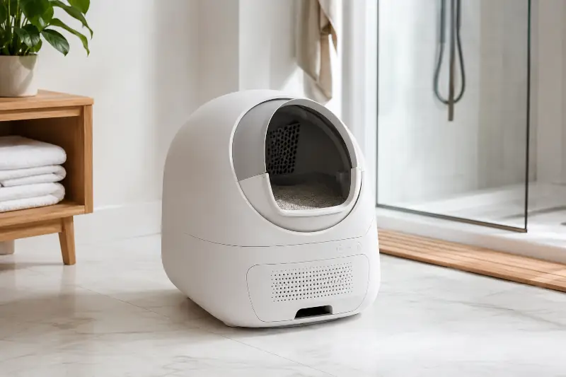 Modern self-cleaning cat litter box placed on a white bathroom floor with natural lighting