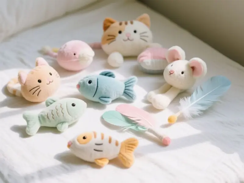 Collection of soft plush cat toys in pastel colors including fish, mice, and feather toys on white linen