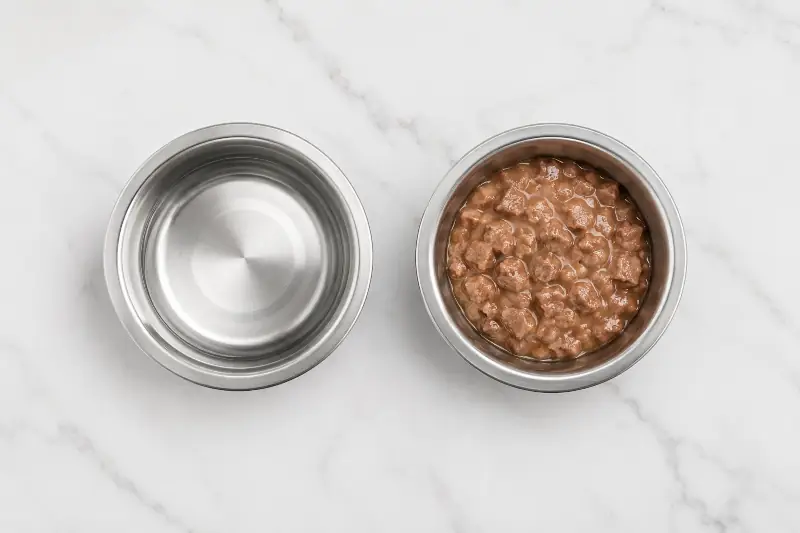 Two stainless steel cat bowls on a marble surface, one with fresh water and one with wet cat food