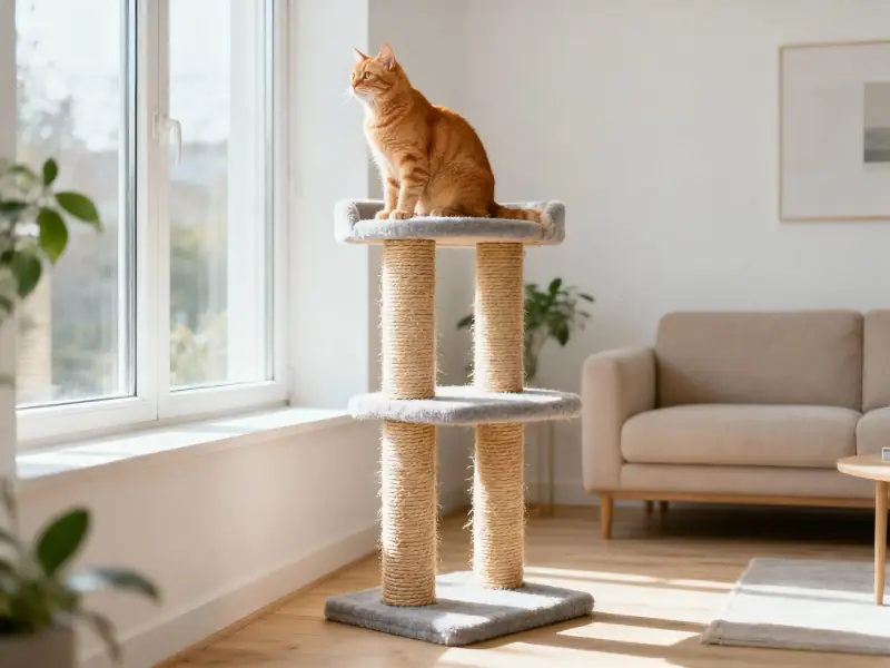 Ginger cat sitting on top of a tall sisal and grey fabric cat tree next to a bright window in a Scandinavian living room